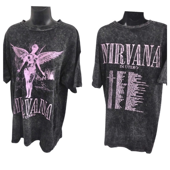 Nirvana 90s rock band pink in utero graphic print 93 black concert tshirt size L - Picture 1 of 12